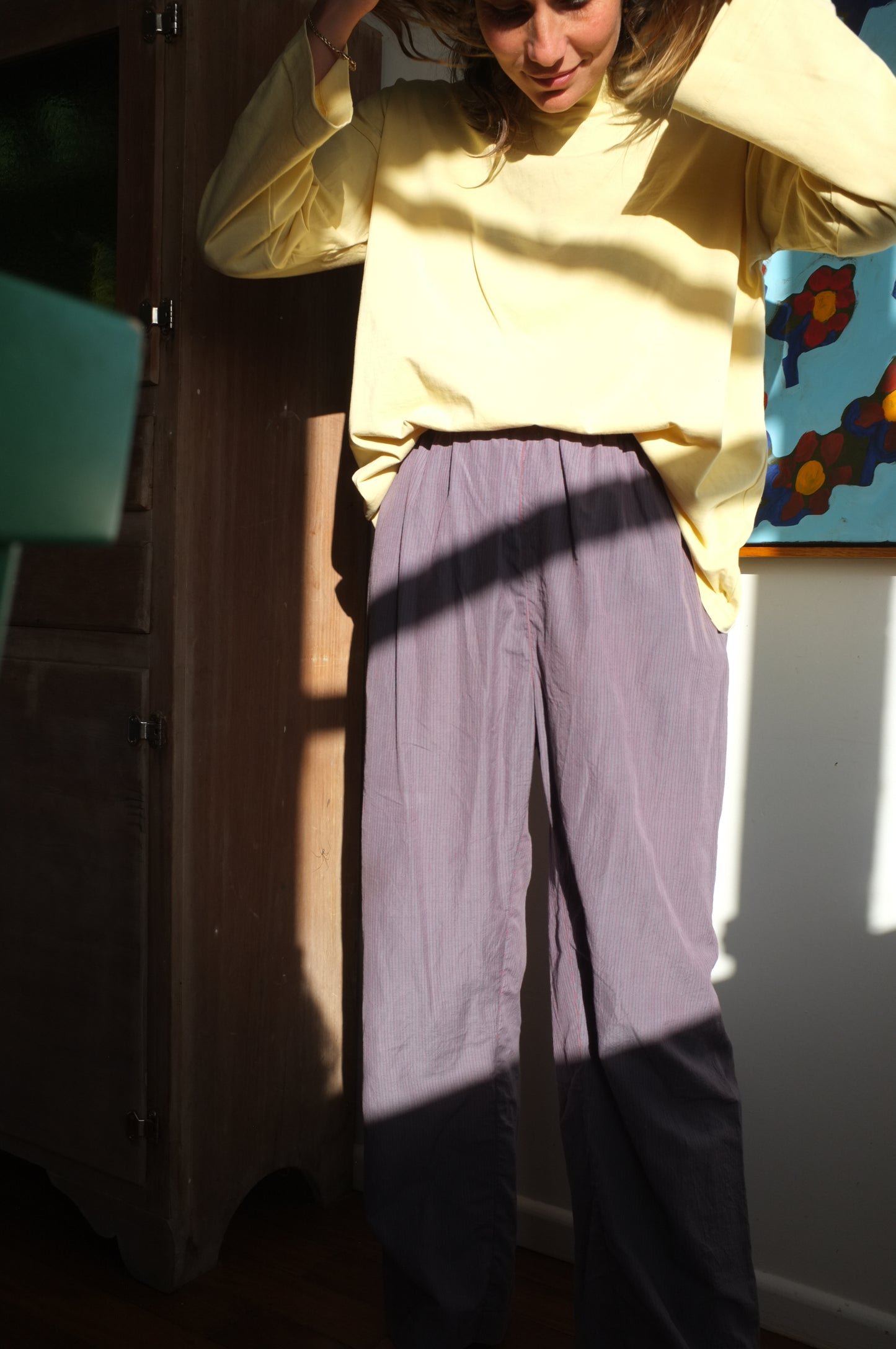 Scrunchie Pants – Blue and Red Pin Stripe