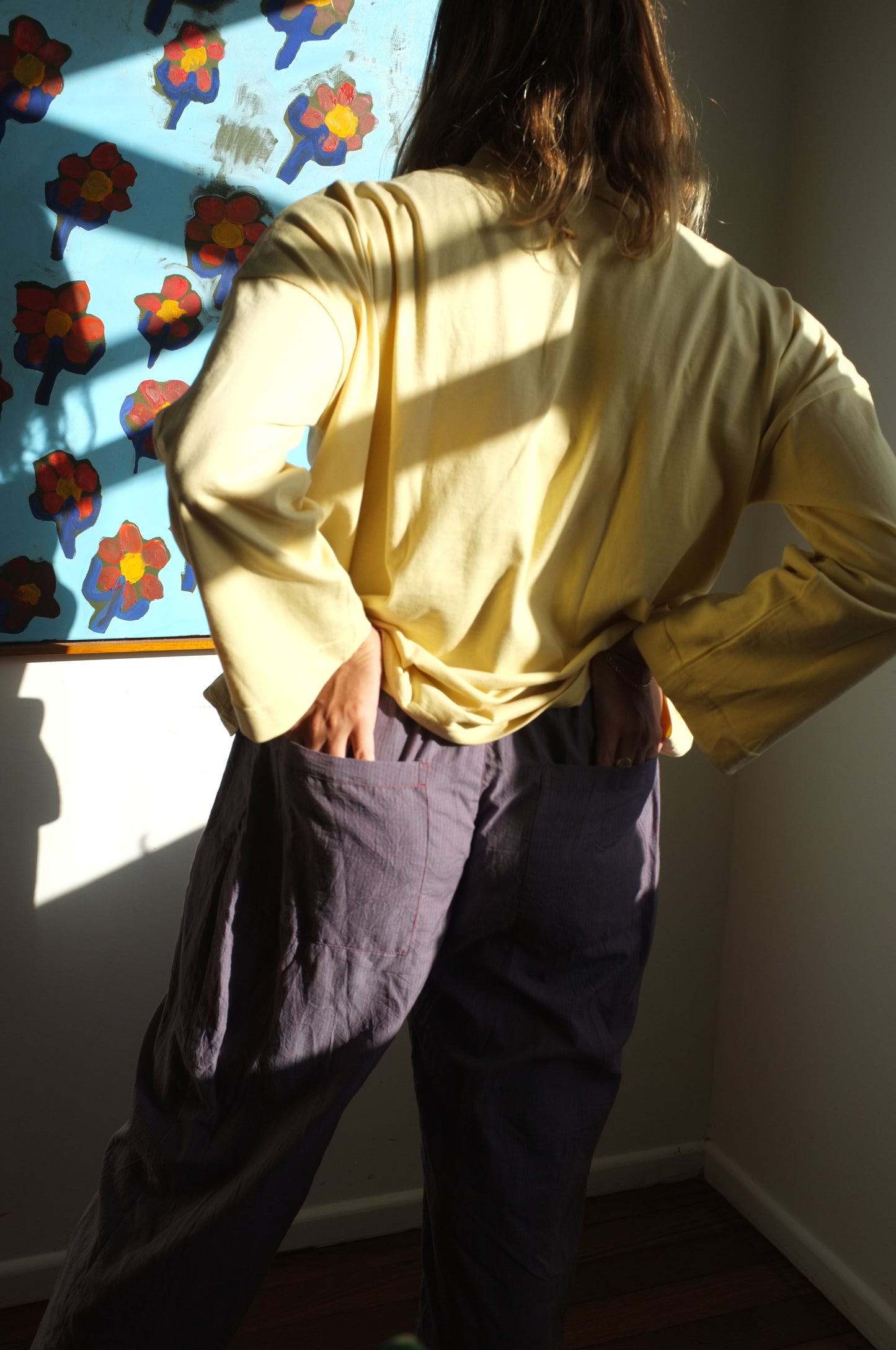 Scrunchie Pants – Blue and Red Pin Stripe