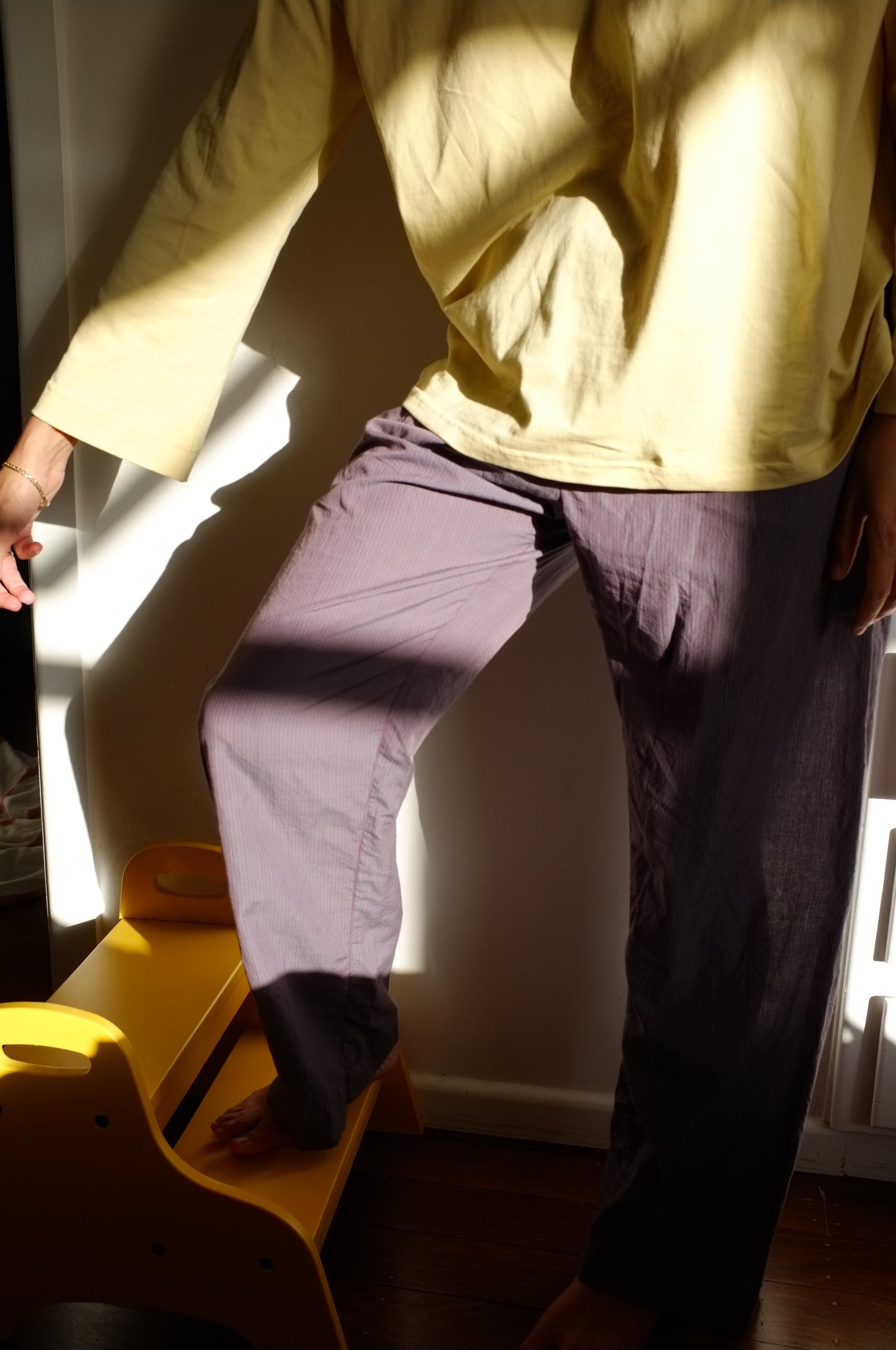 Scrunchie Pants – Blue and Red Pin Stripe