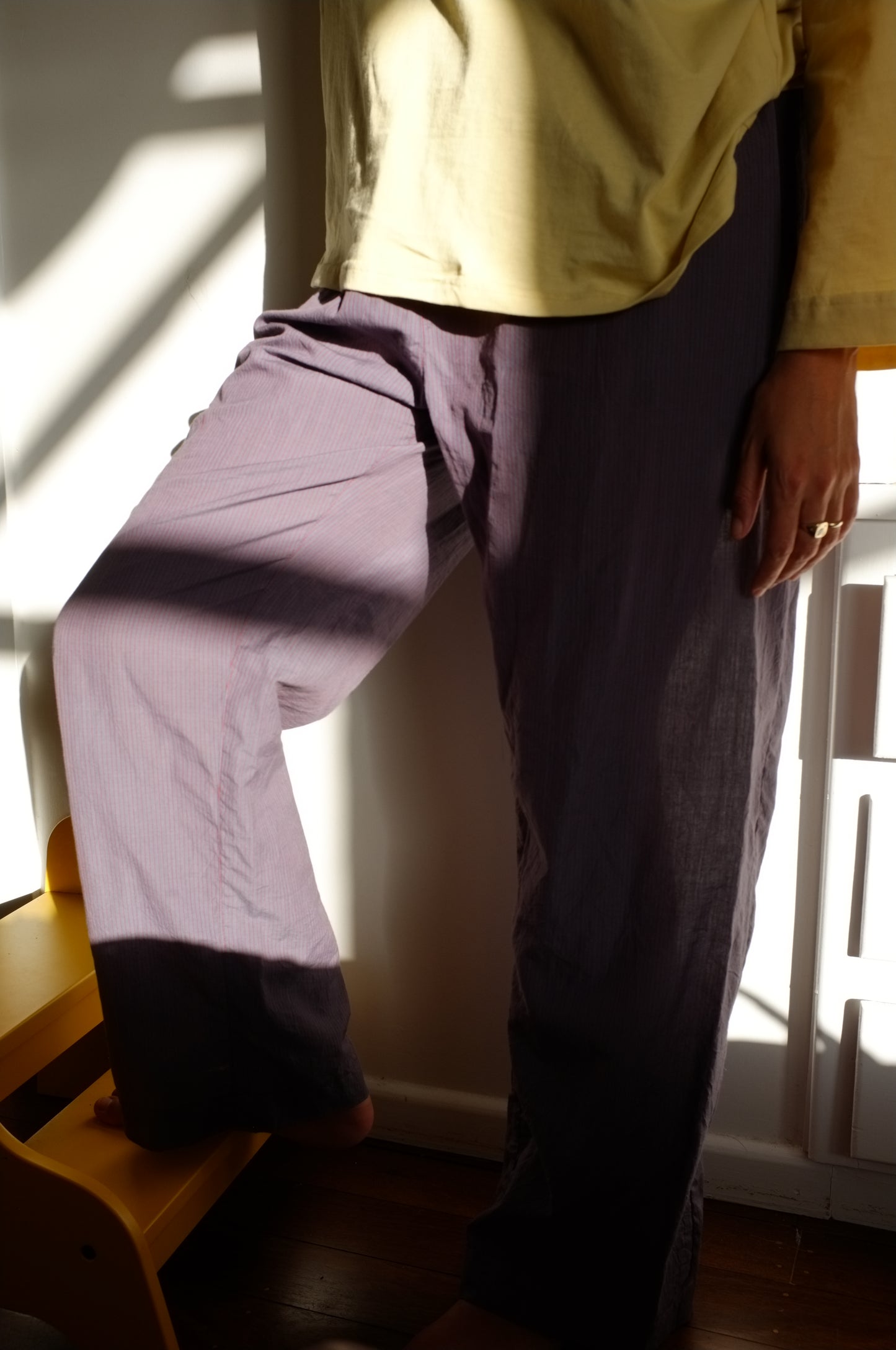 Scrunchie Pants – Blue and Red Pin Stripe