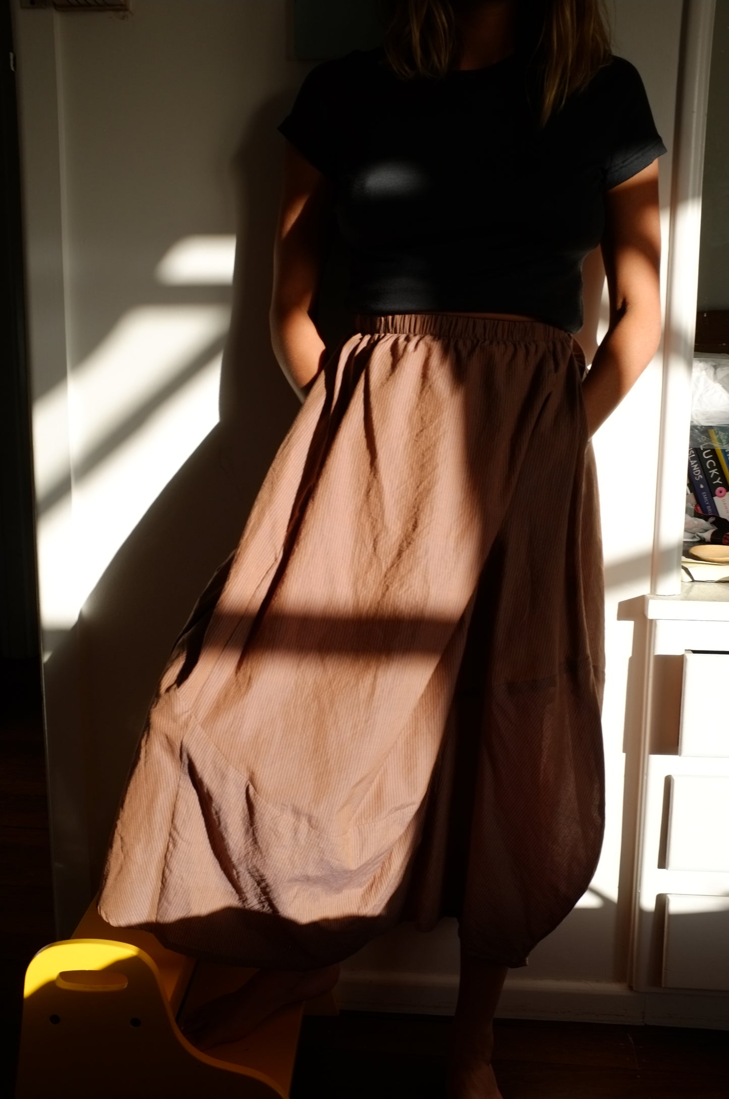 Lantern Skirt — Mushroom and navy pin stripe