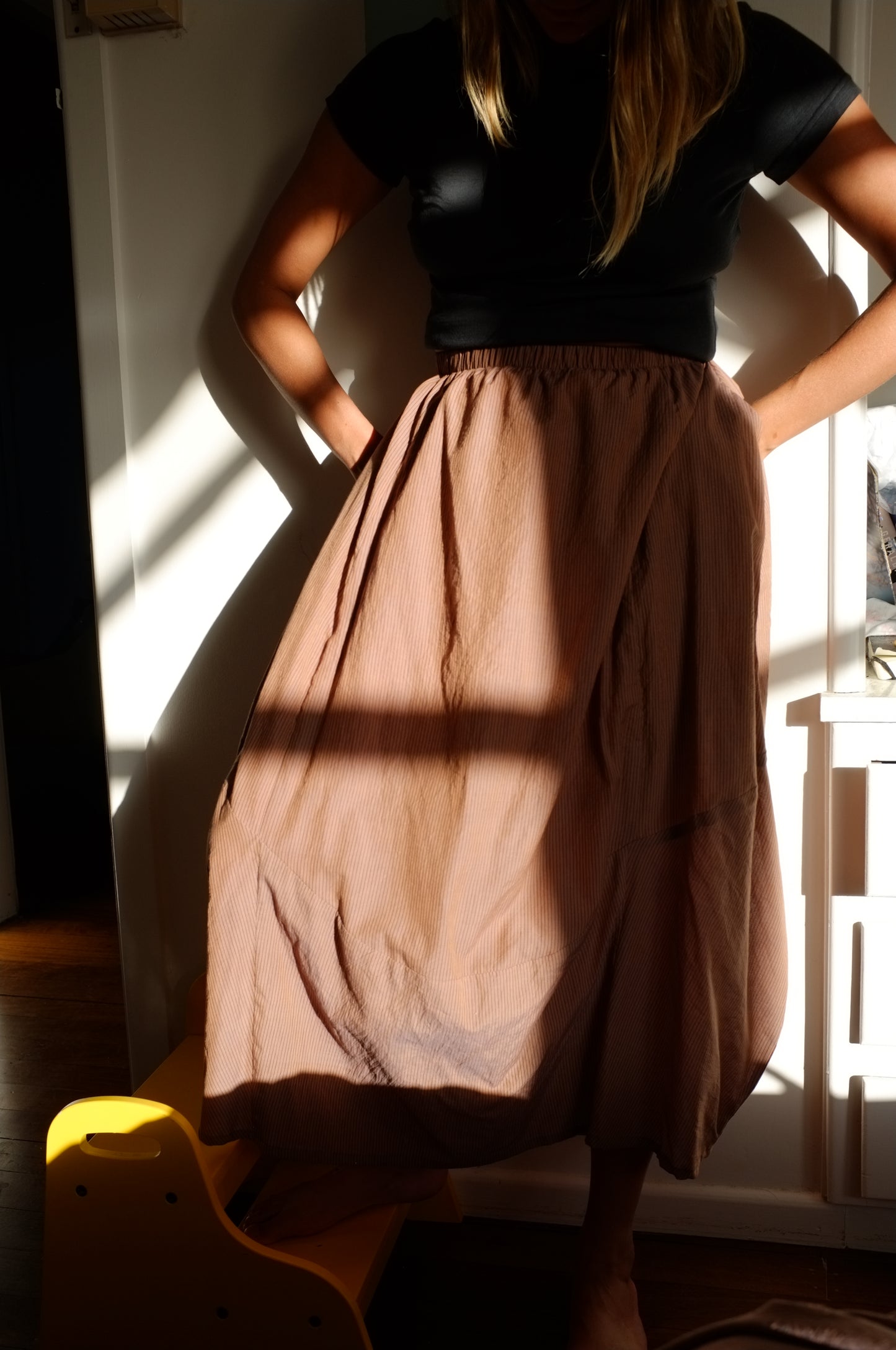 Lantern Skirt — Mushroom and navy pin stripe