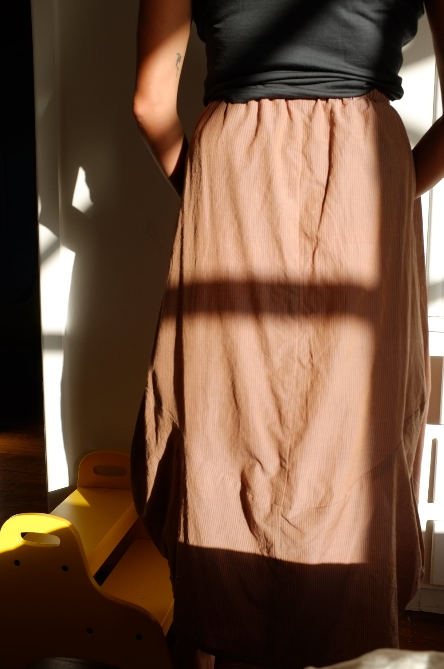 Lantern Skirt — Mushroom and navy pin stripe