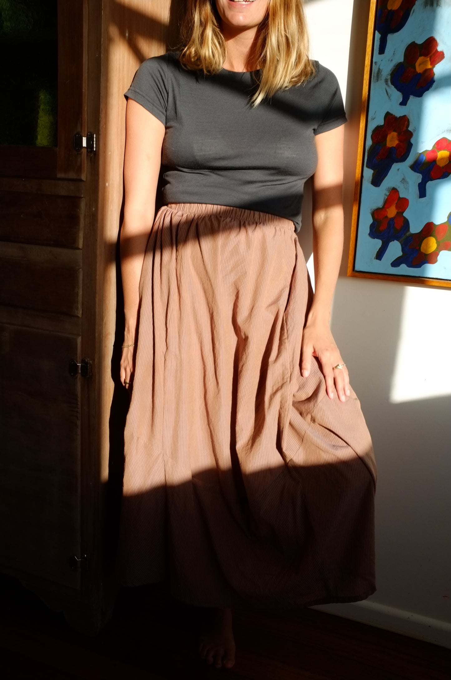 Lantern Skirt — Mushroom and navy pin stripe