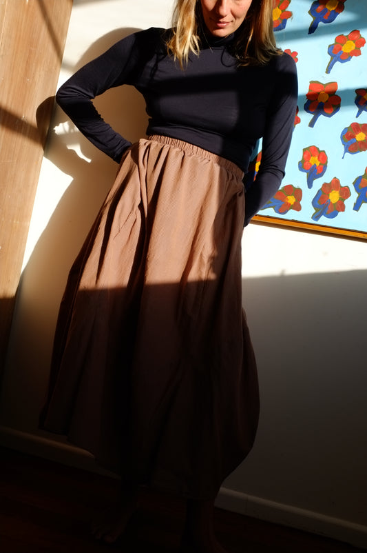 Lantern Skirt — Mushroom and navy pin stripe