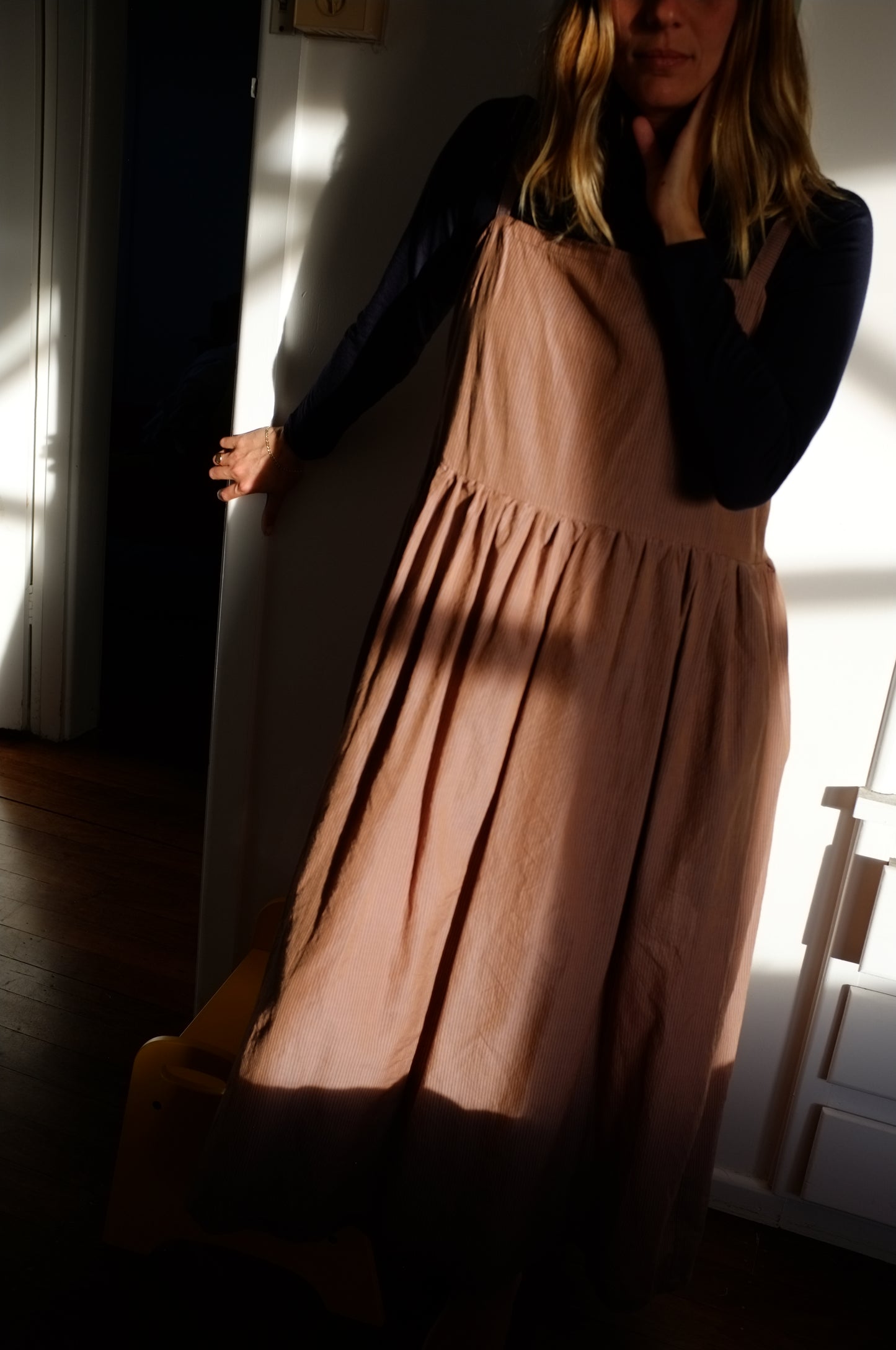 Sun Dress — Mushroom and navy pin stripe