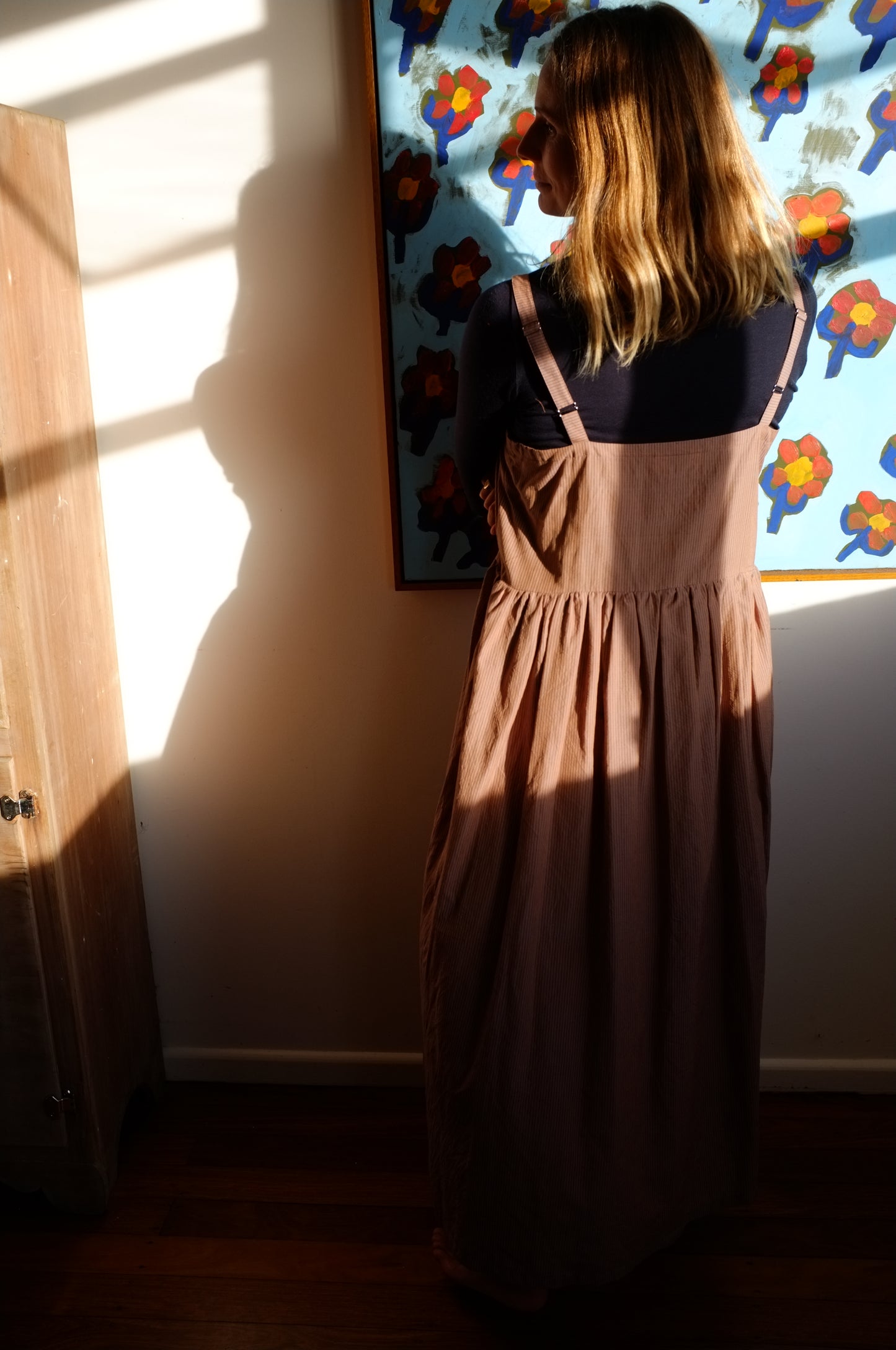 Sun Dress — Mushroom and navy pin stripe