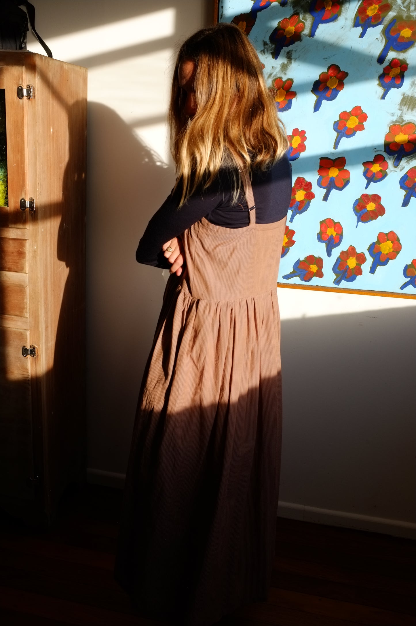 Sun Dress — Mushroom and navy pin stripe