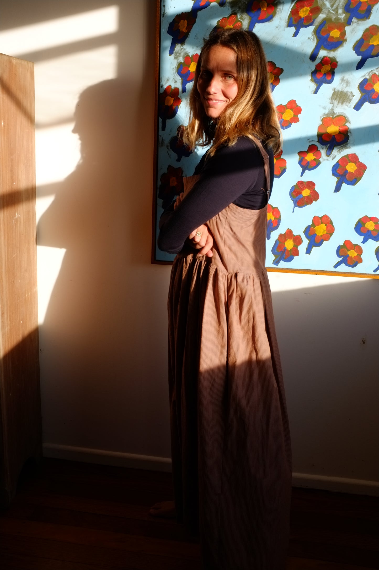 Sun Dress — Mushroom and navy pin stripe