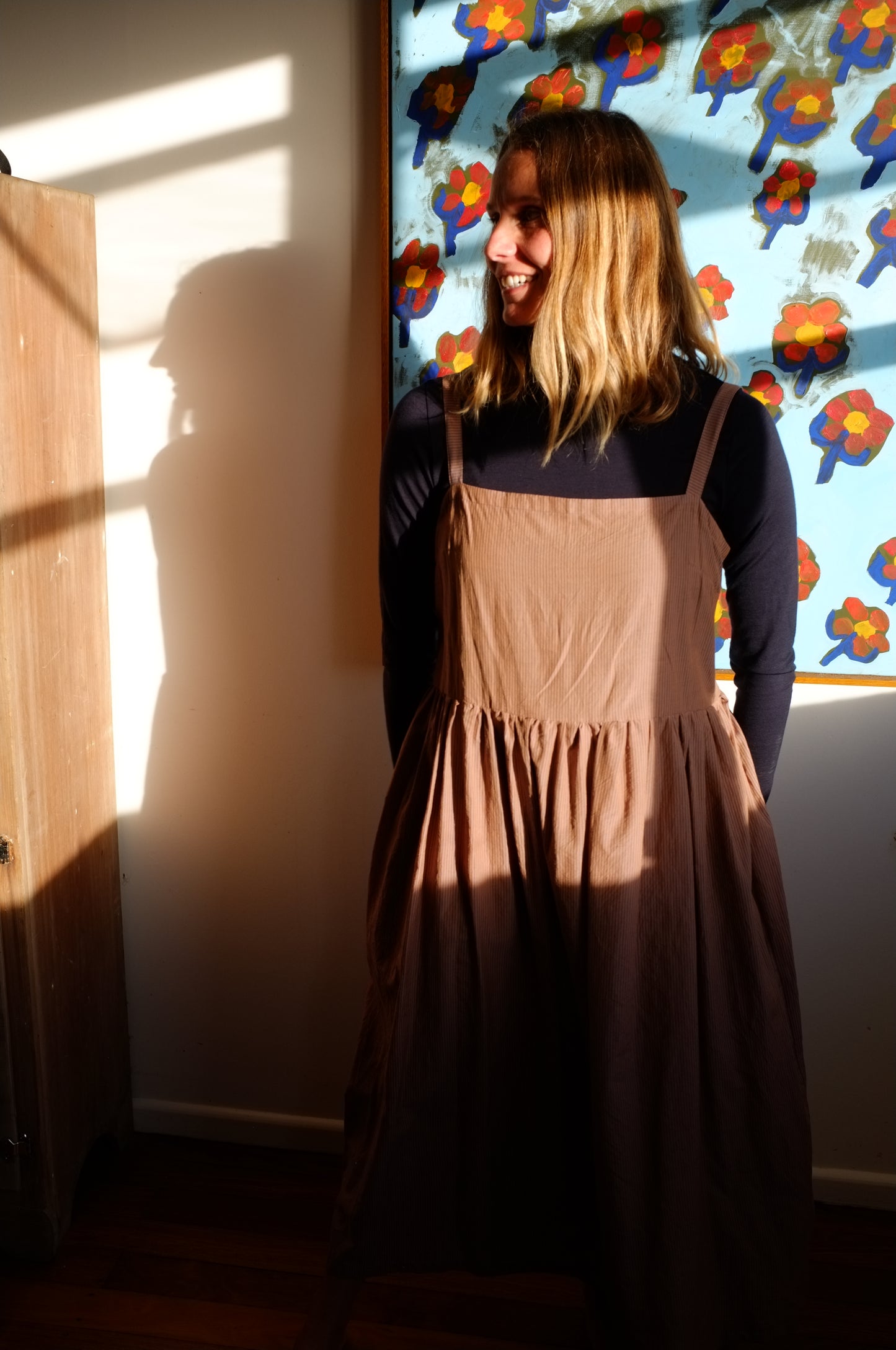 Sun Dress — Mushroom and navy pin stripe