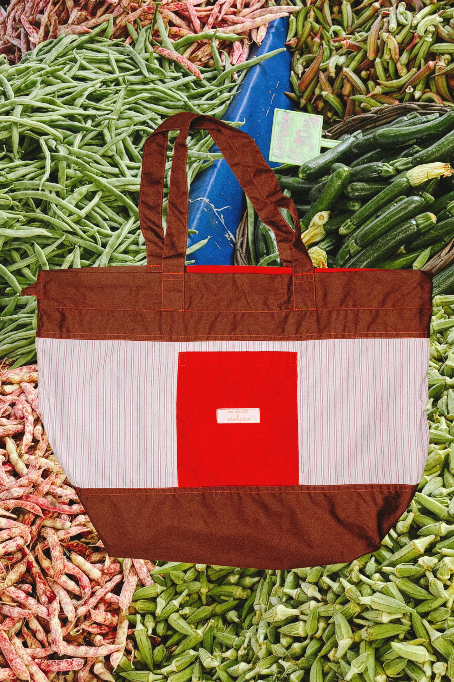 Noms du Jour Market Tote Bag - Brown, Red & Pink Stripe