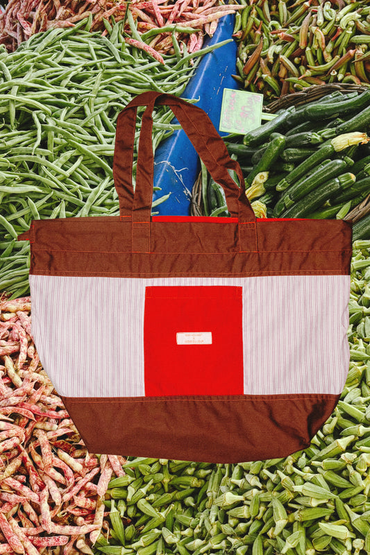 Noms du Jour Market Tote Bag - Brown, Red & Pink Stripe