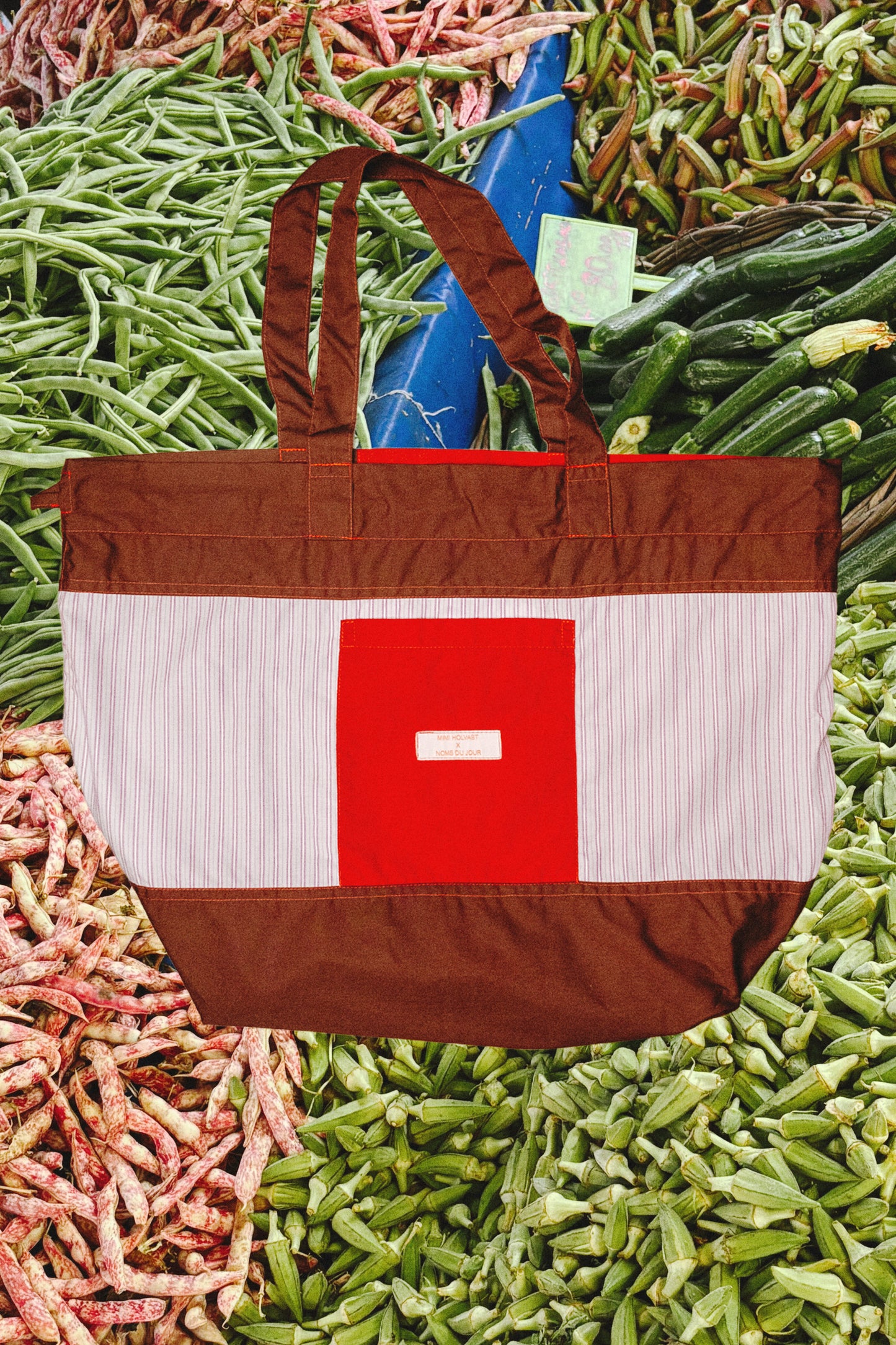 Noms du Jour Market Tote Bag - Brown, Red & Pink Stripe
