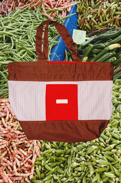 Noms du Jour Market Tote Bag - Brown, Red & Pink Stripe