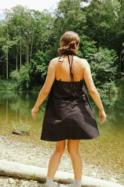 Two tie Dress — Black Cotton Poplin