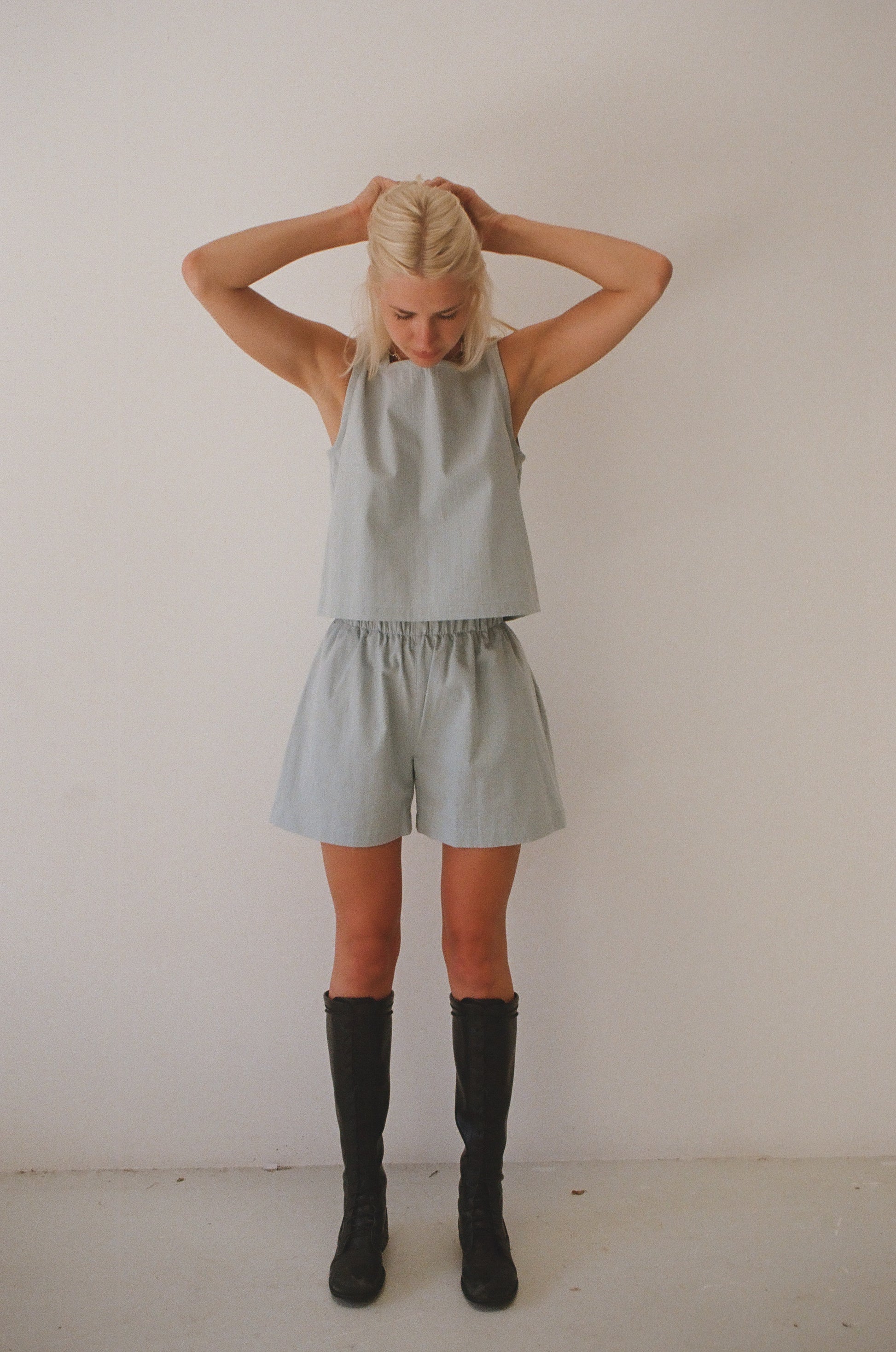 Mimi Holvast Scrunchie Shorts - Dusty Blue Seersucker